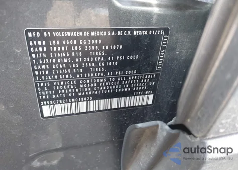 2025 Volkswagen Taos 1.5T S z USA, uszkodzony, nr VIN 3VV8C7B21SM018820